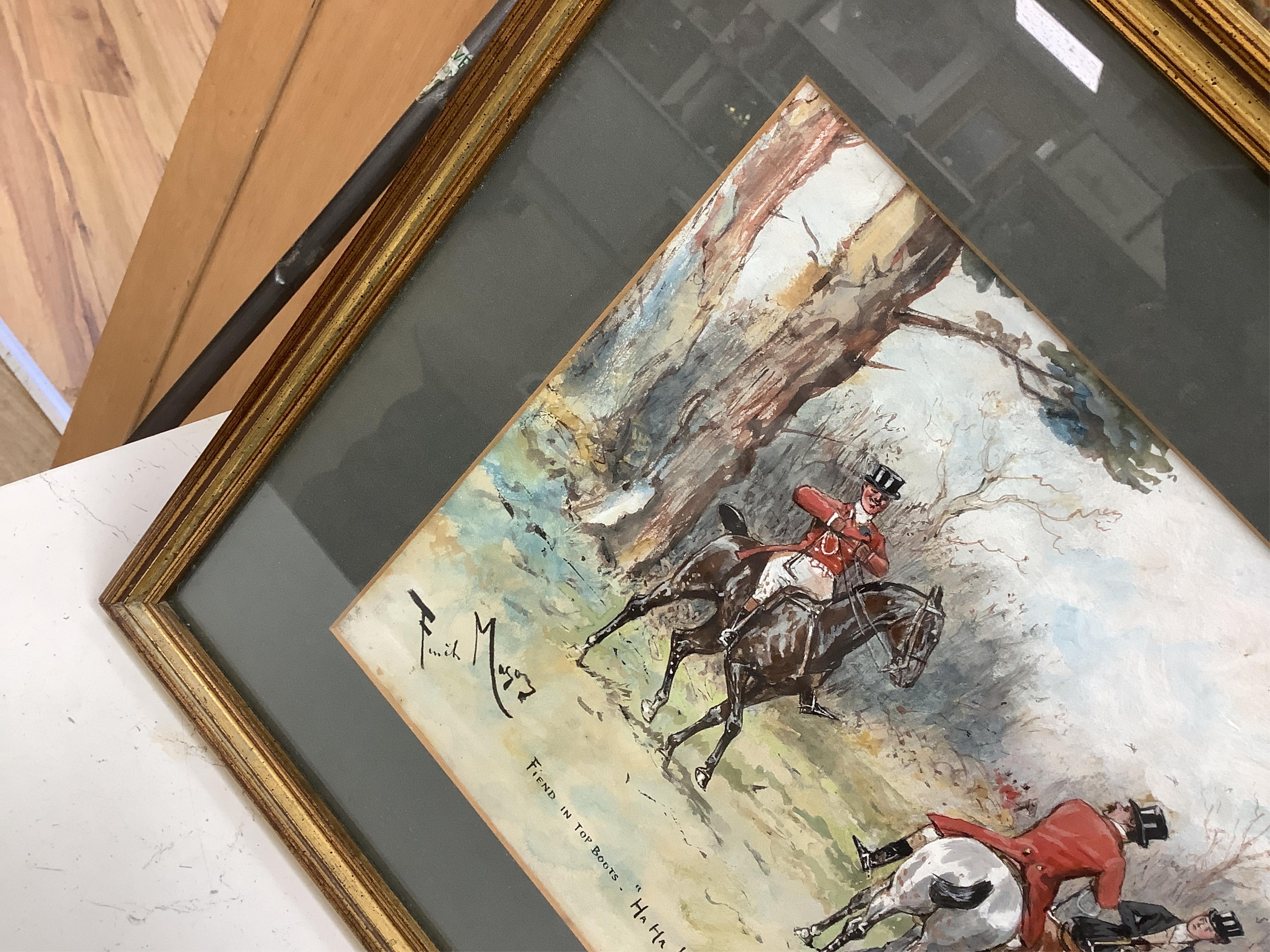George Finch Mason (1850-1915), three hunting interest watercolours heightened with white, to include: 'Fiend in top boots' and 'Goodbye sweet tart goodbye!', each signed, largest 25 x 36cm